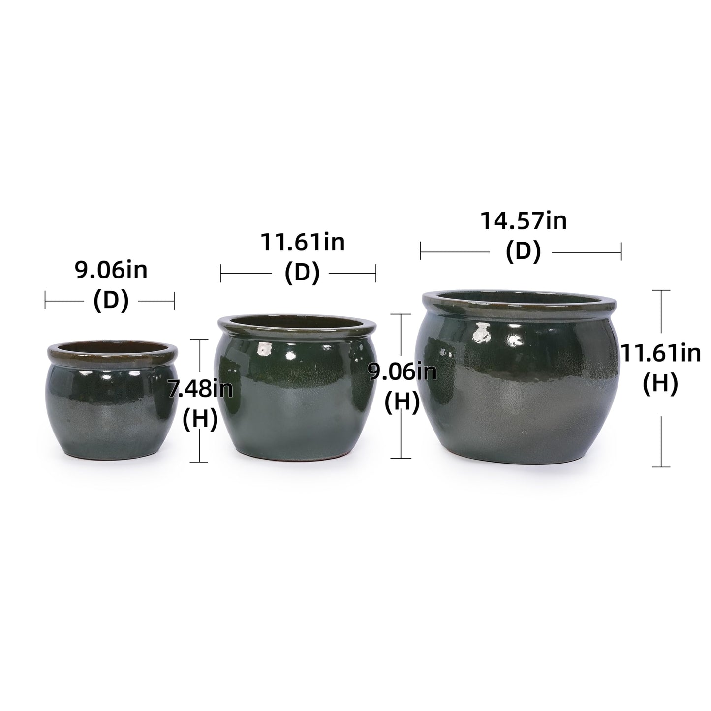 Ceramic Plant Pots, 9+11+15 Inches, Set of 3, Drum Shaped Flower Pots with Drainage Hole, Single-Sided Glazed Breathable Planters for Indoor/Outdoor Plants, Vintage Decorative Pots Generic