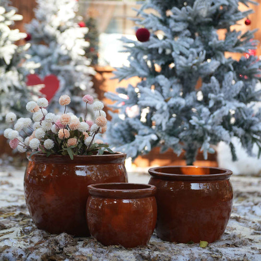 Mudanjie 3pcs 9+11+15'' Drum Shaped Vintage Ceramic Planter with Drainage