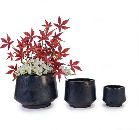 3-Piece Black Matte Ceramic Flowerpot Set, 15/11/9 inches, Breathable Clay, Suitable for Orchids, Succulent Cacti, Indoor and Outdoor Decorative windowsills or Bookshelves Generic