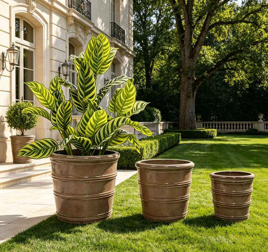 Mudanjie 3pcs 16/13/10'' Dark Brown Ribbed Ceramic Planter for Indoor Outdoor Decor