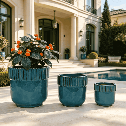 mudanjie 3pcs 9/12/15'' Ribbed Glazed Ceramic Planter with Drainage mdj pottery