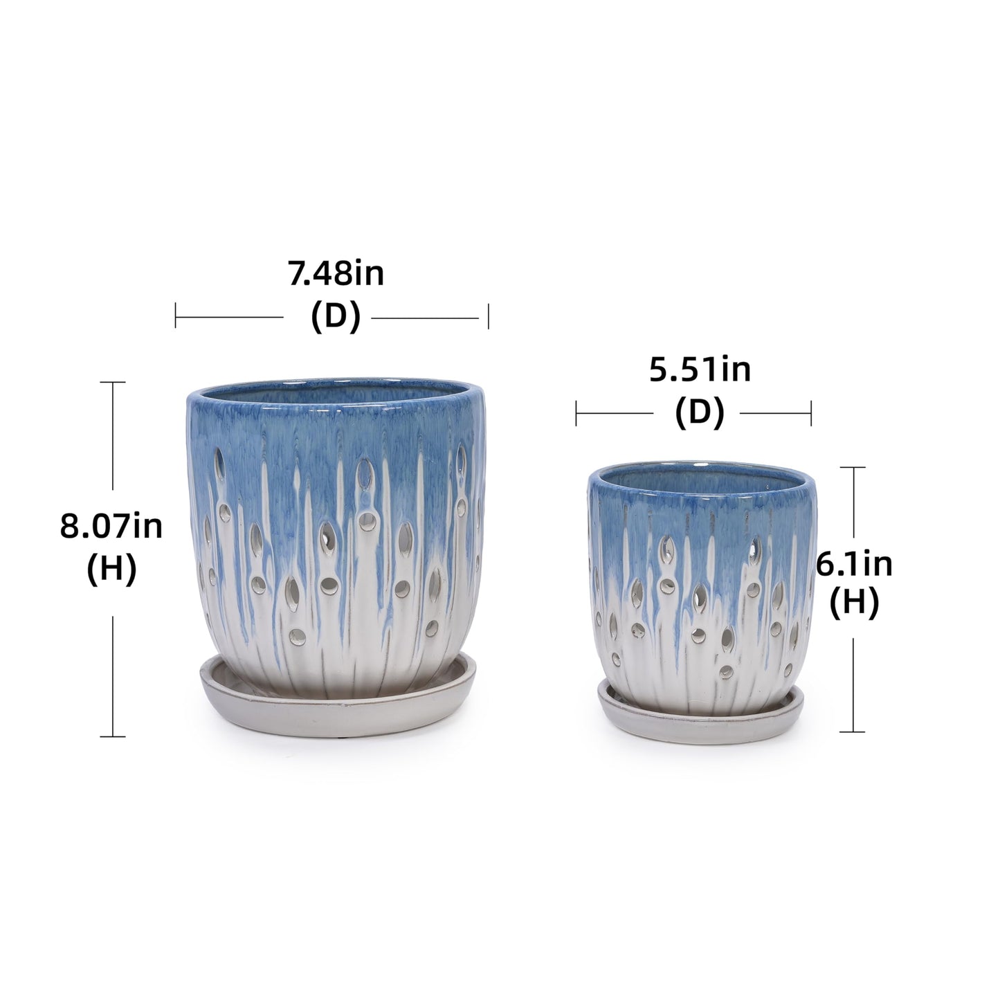 Set of 2 Ceramic Orchid Pots, 7.48 + 5.51 Inch Plant Pots with Drainage Holes and Saucer, Hollow-Out Planter for Plant Indoor/Outdoor - Blue White Generic