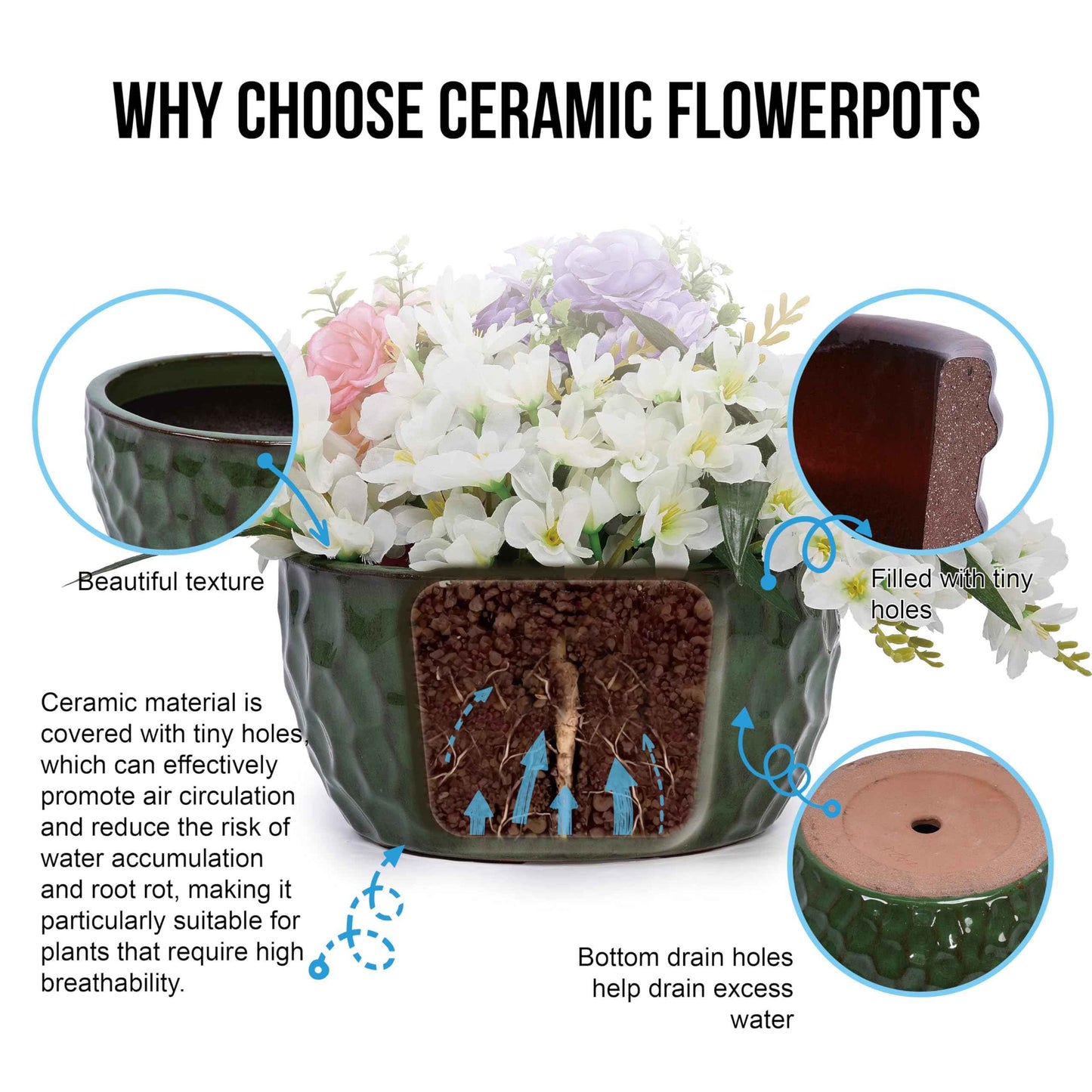 Mudanjie 3pcs 9+12+15'' Ceramic Planter Set with Drainage for Plants
