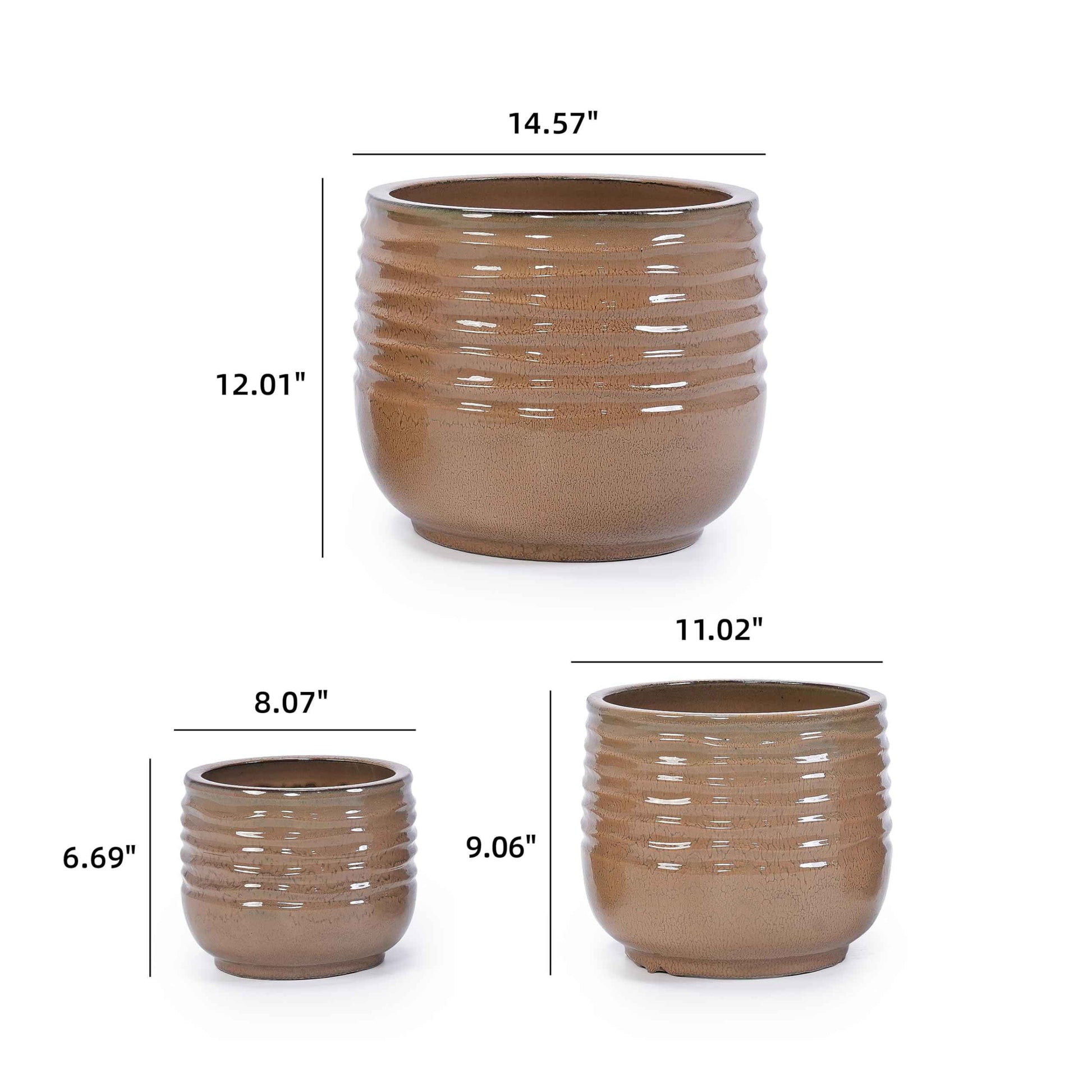 Mudanjie 3pcs 8/11/14.57'' Ribbed Ceramic Planter Set with Drainage