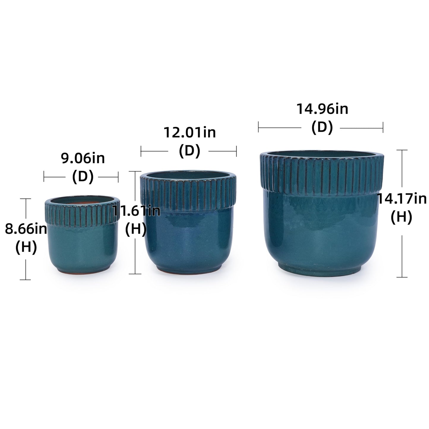 3pcs Ribbed Glazed Ceramic Flower pots with Drainage Holes, 9/12/15 inch Breathable Clay pots, Indoor and Outdoor for Monstera and Aloe Vera, Staircase Garden Decoration (Blue-Green) Generic