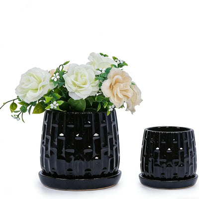 Mudanjie 2pcs 5+7'' Bamboo Pattern Ceramic Pots with Drainage & Saucer