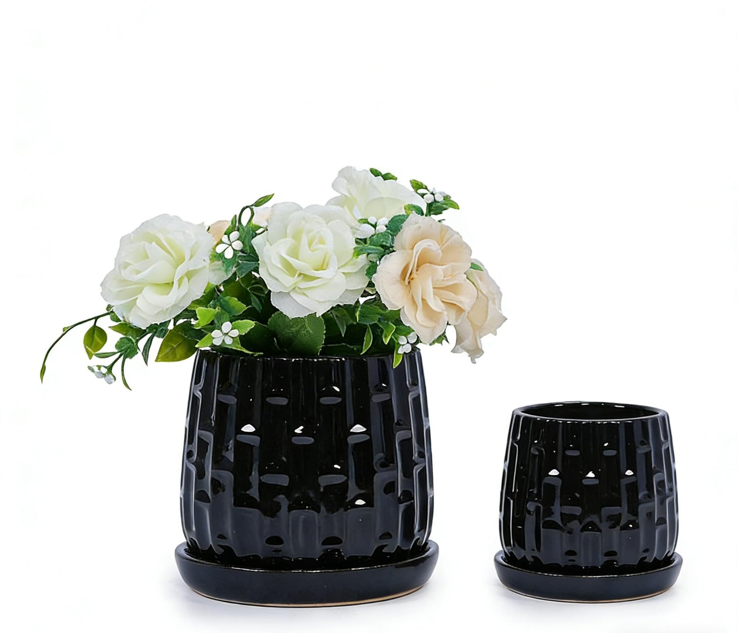 mudanjie 2pcs 5 & 7 Inch Bamboo Pattern Ceramic Pots with Drainage & Saucer