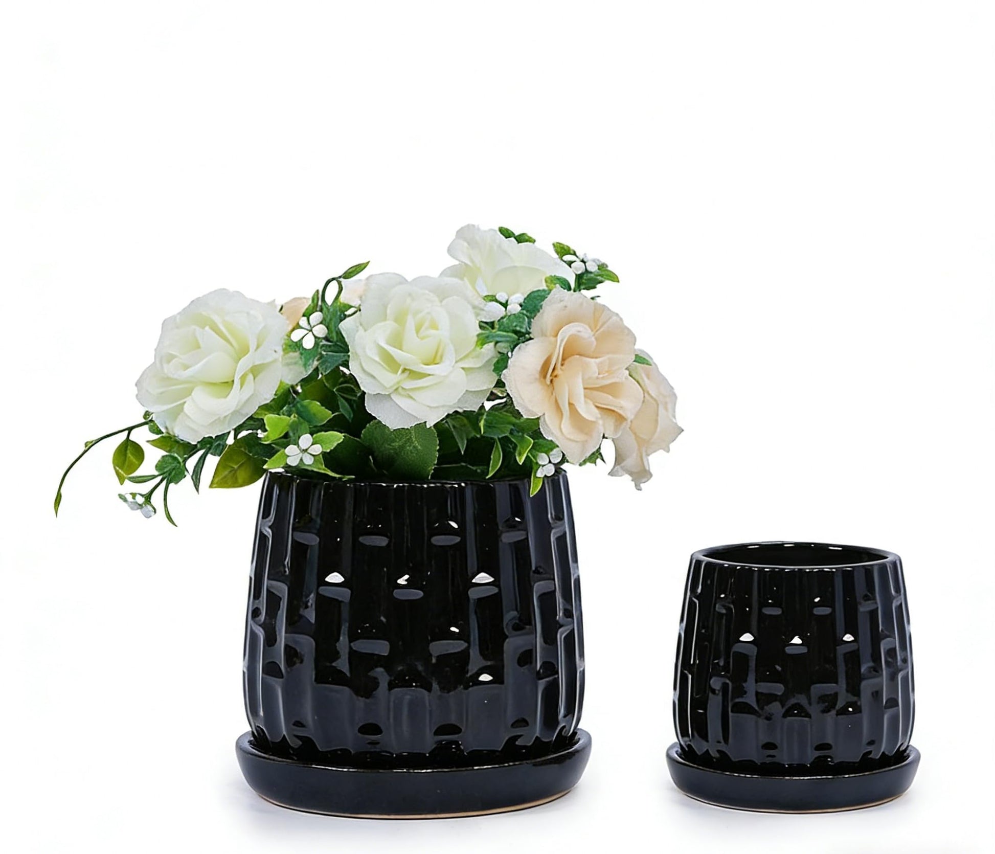 mudanjie 2pcs 5 & 7 Inch Bamboo Pattern Ceramic Pots with Drainage & Saucer