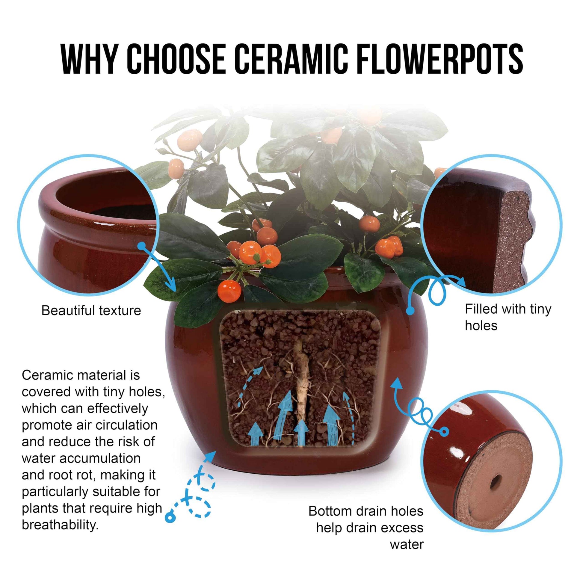 Mudanjie 3pcs 9+11+15'' Drum Shaped Vintage Ceramic Planter with Drainage