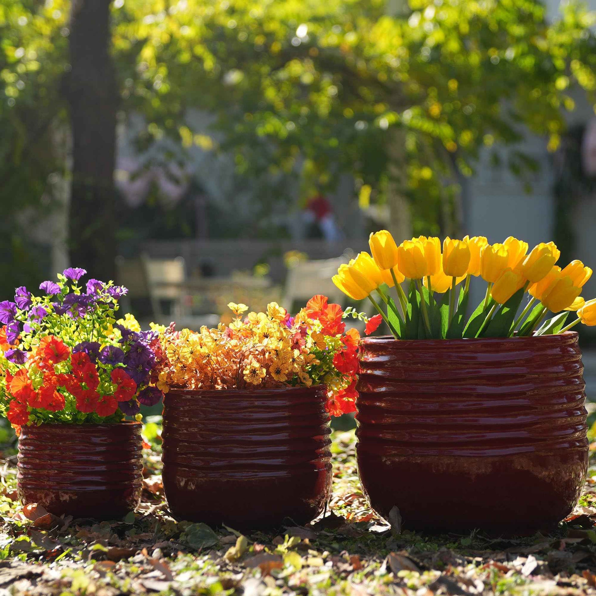 Mudanjie 3pcs 8/11/14.57'' Ribbed Ceramic Planter Set with Drainage
