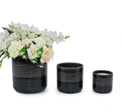 Mudanjie 3pcs 6/7/9'' Grid Glazed Ceramic Plant Pots with Drainage