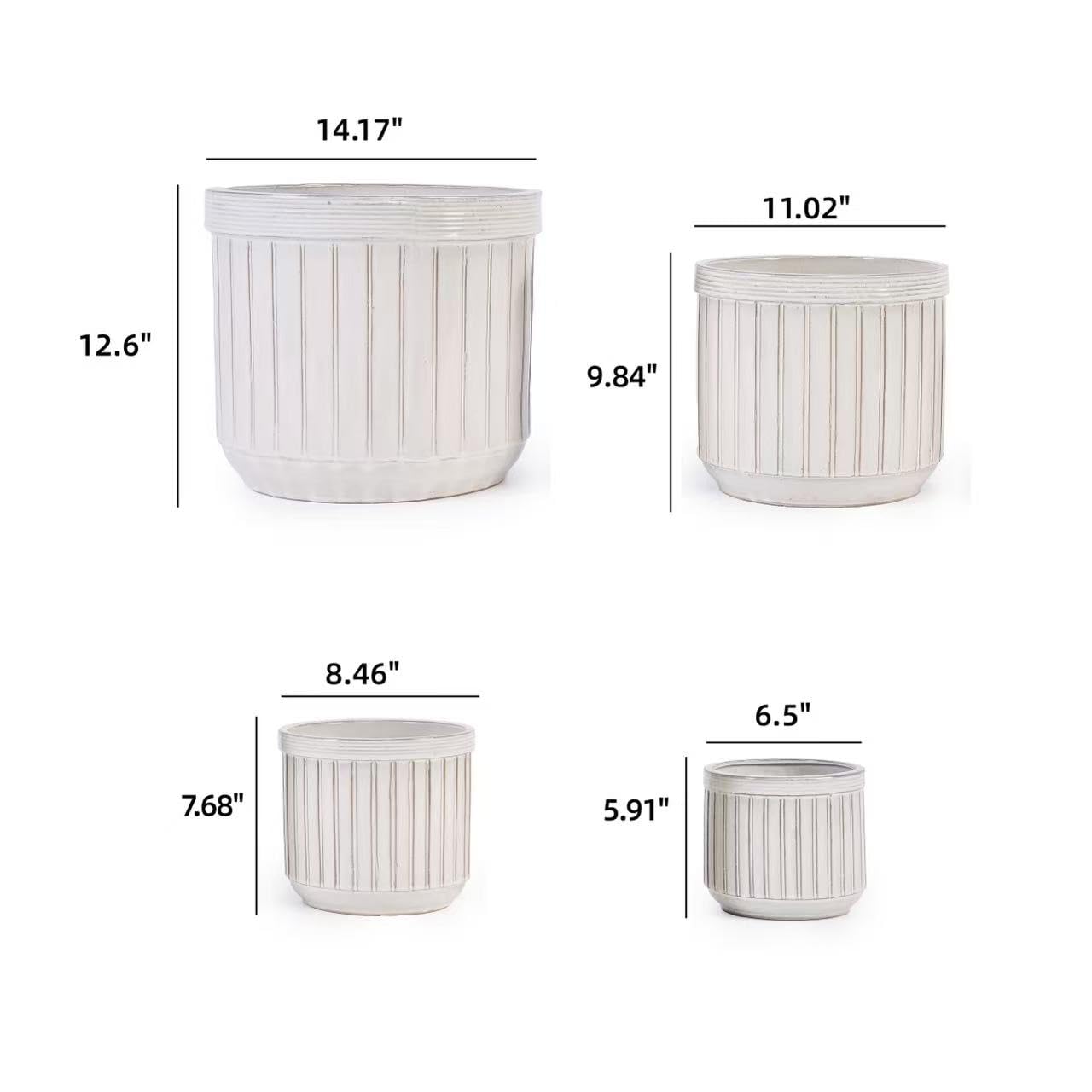 4pcs White Ceramic Planter, Handmade Indoor Plant Pots with Drainage, 6-12 Inch Diameter Vertical Line Pattern for Succulents, Cacti, Windowsill & Bookshelf Generic