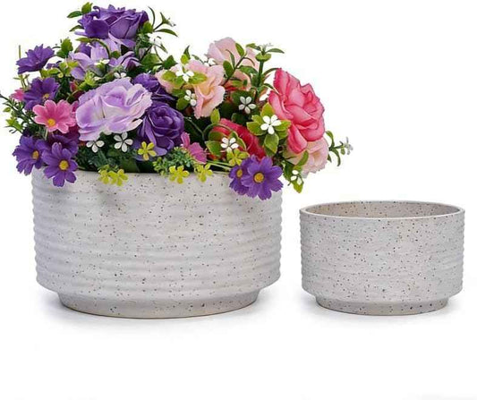 Mudanjie 2pcs 11''&8'' White Vertical Ridged Ceramic Plant Pots for Succulents Orchids
