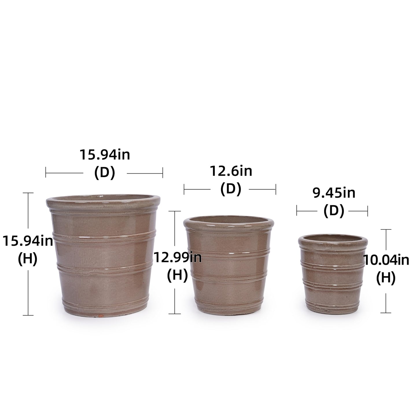 3pcs Deep Dark Brown Horizontal Rib Ceramic Planter Set, 16/13/10 Inch, Breathable Clay for Monstera Fiddle Leaf Fig, Indoor Outdoor Decor Generic