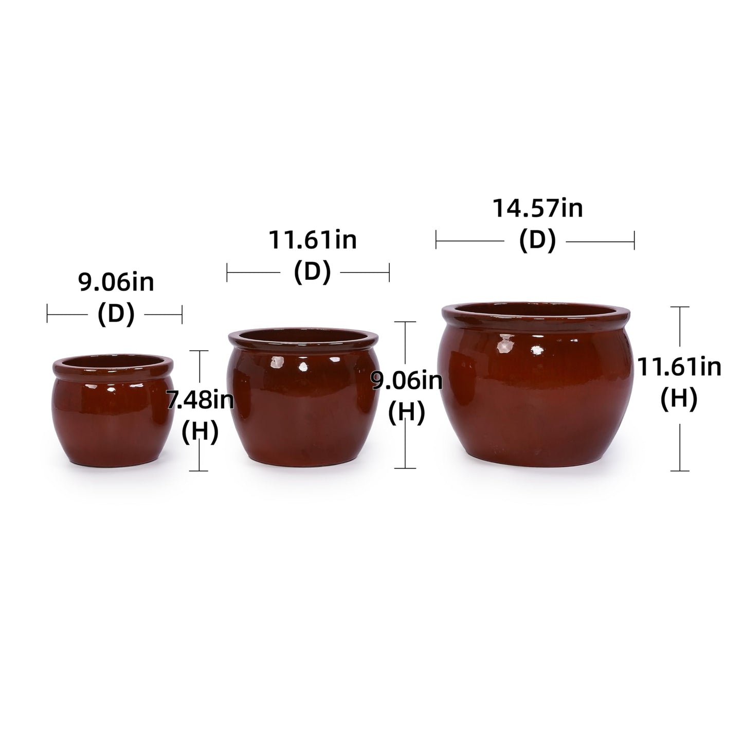 Ceramic Plant Pots, 9+11+15 Inches, Set of 3, Drum Shaped Flower Pots with Drainage Hole, Single-Sided Glazed Breathable Planters for Indoor/Outdoor Plants, Vintage Decorative Pots Generic