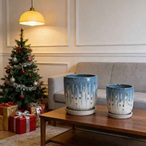 Mudanjie Set of 2 Ceramic Orchid Pots with Drainage Holes & Saucers