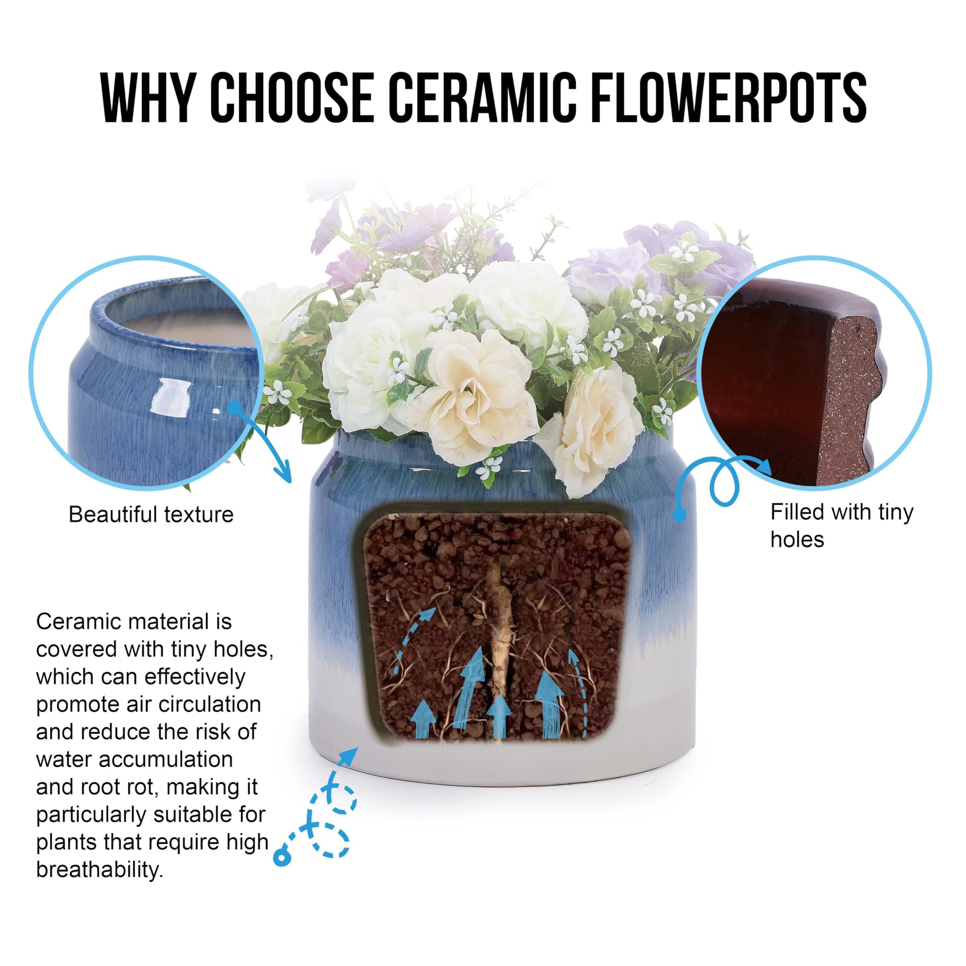2PCS Drip Glaze Ceramic Planter, 6" & 8" Breathable Plant Pots, Indoor Outdoor Flower Pots for Orchids, Succulents & Violets, Ideal for Shelf & Desk Decor - Blue White Generic