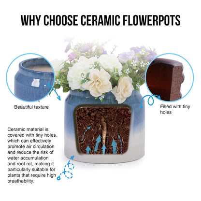 2PCS Drip Glaze Ceramic Planter, 6" & 8" Breathable Plant Pots, Indoor Outdoor Flower Pots for Orchids, Succulents & Violets, Ideal for Shelf & Desk Decor - Blue White Generic