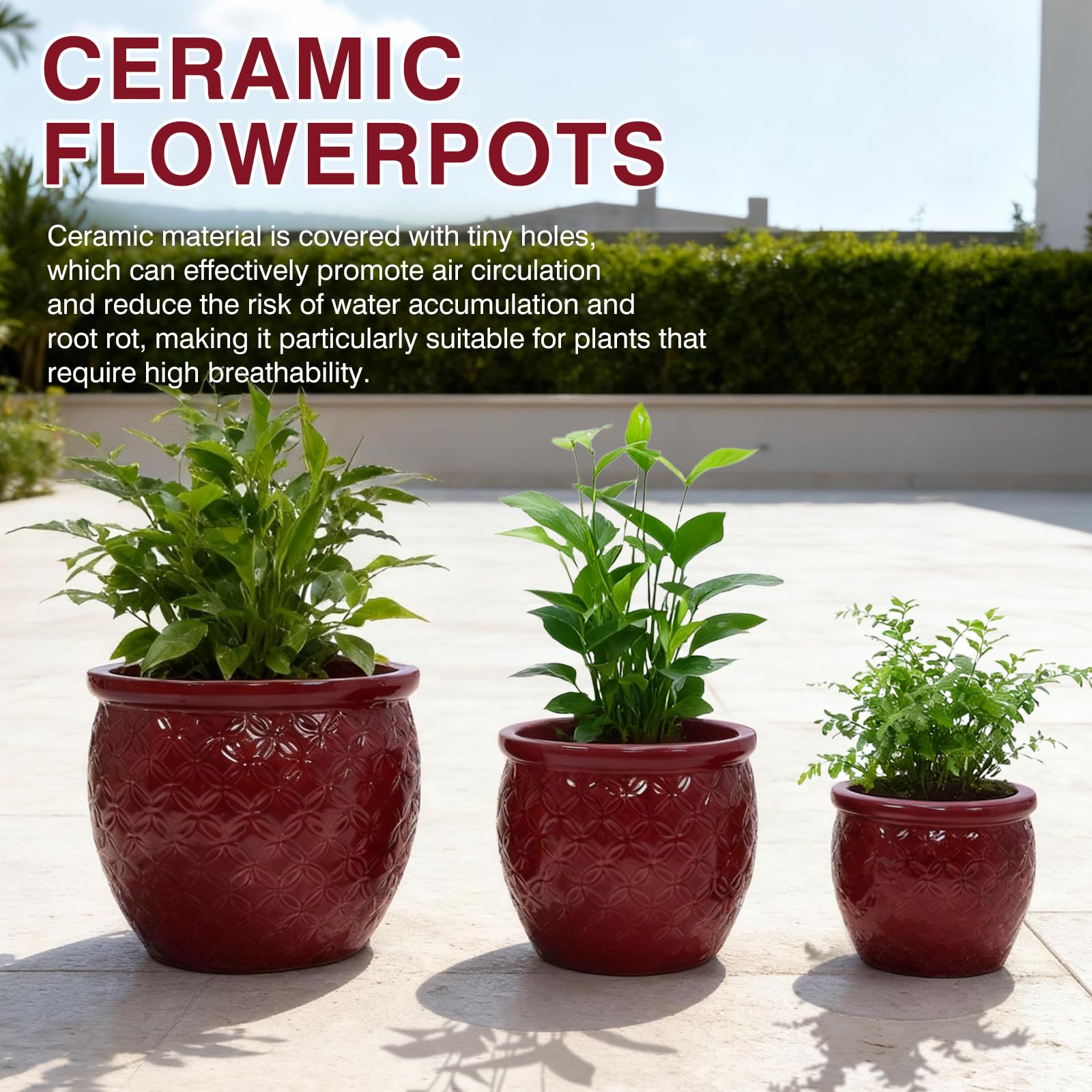 Set of 3 Ceramic Pots for Plants, 9/12/15 Inch, Quatrefoil Pattern Planters with Drainage Hole, Indoor and Outdoor Flower Pots for Pothos, Ivy, Succulent, Decorative Plant Gifts - Red Generic