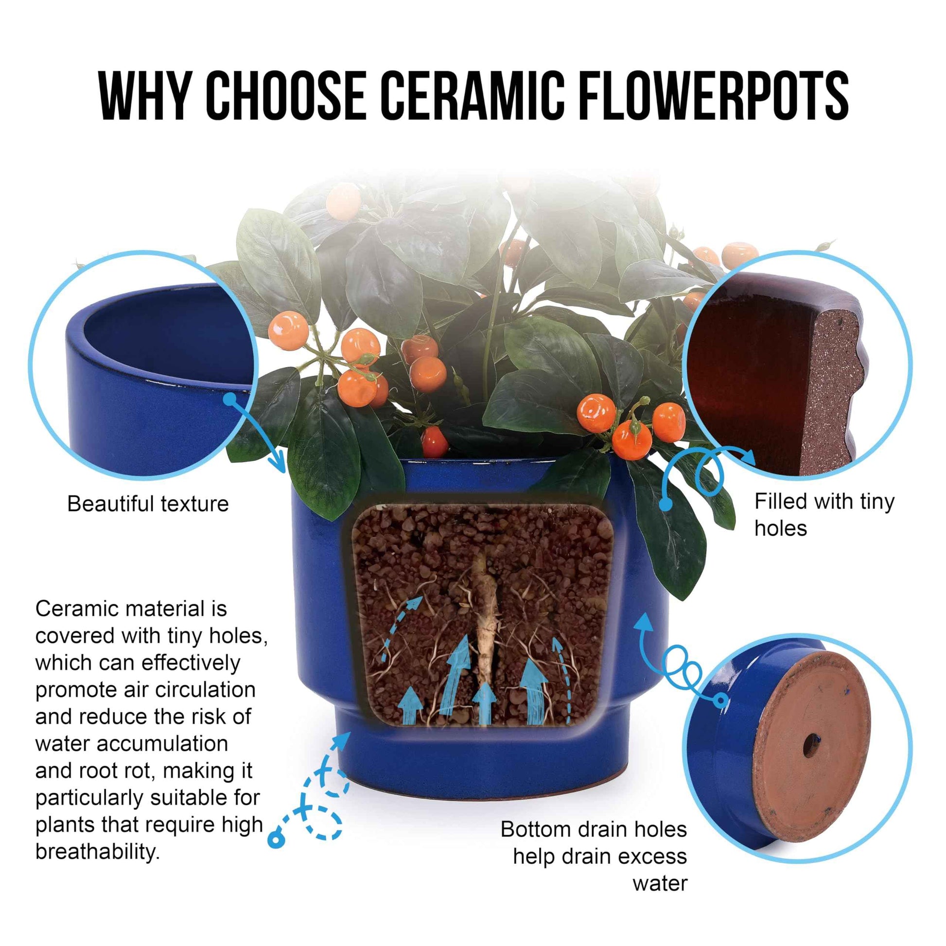 Mudanjie 3pcs 9/12/15'' Glazed Ceramic Planter with Drainage