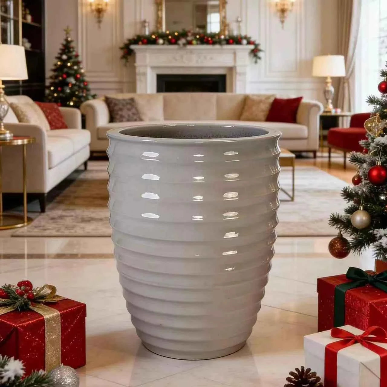 Mudanjie 17'' White Ripple Ceramic Planter with Drainage for Large Plants