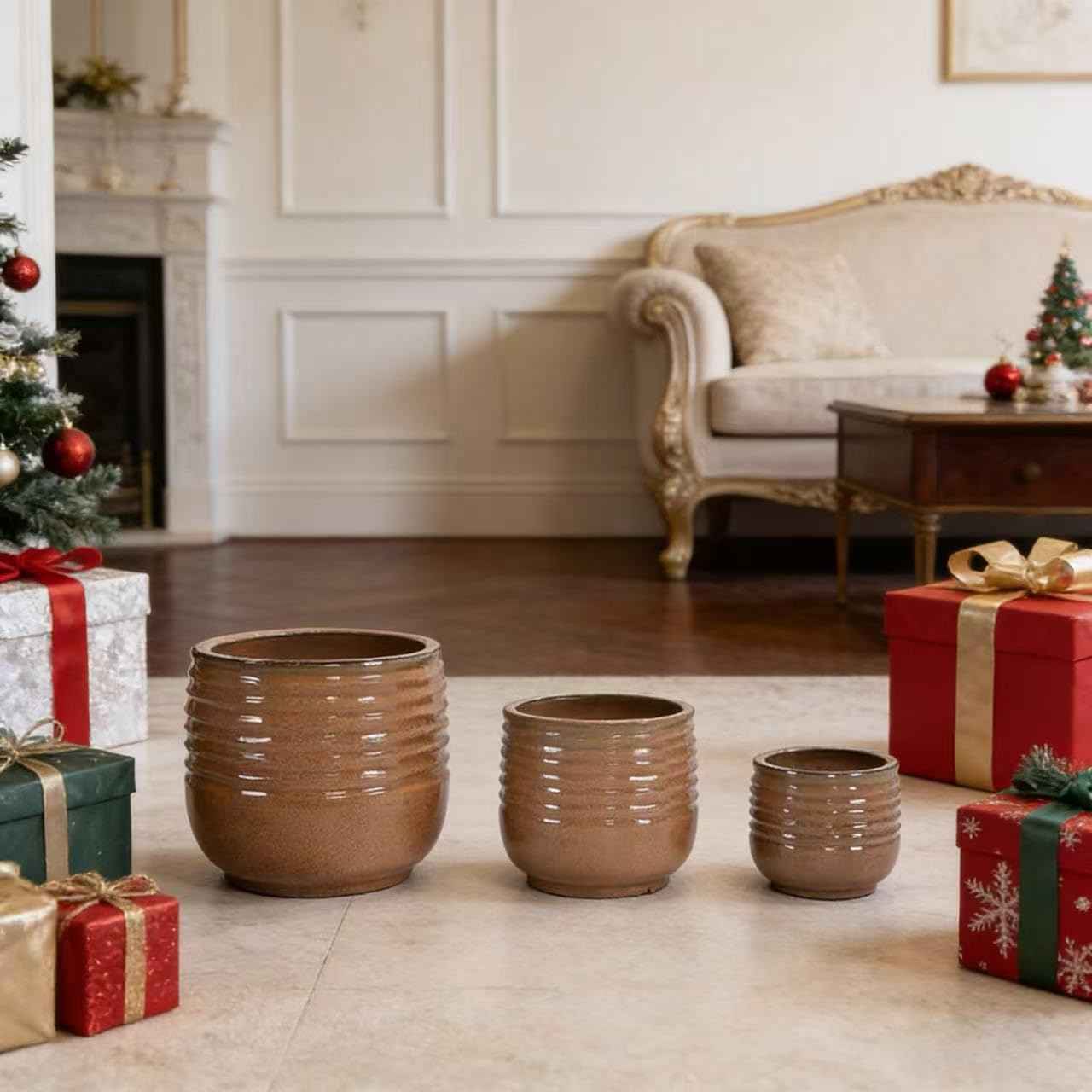 Mudanjie 3pcs 8/11/14.57'' Ribbed Ceramic Planter Set with Drainage