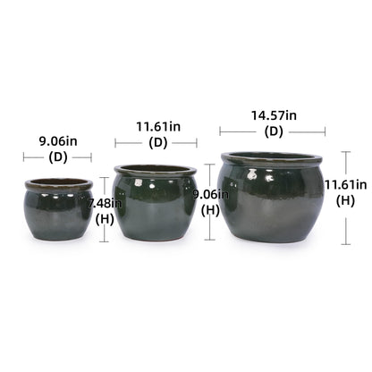 Ceramic Plant Pots, 9+11+15 Inches, Set of 3, Drum Shaped Flower Pots with Drainage Hole, Single-Sided Glazed Breathable Planters for Indoor/Outdoor Plants, Vintage Decorative Pots Generic