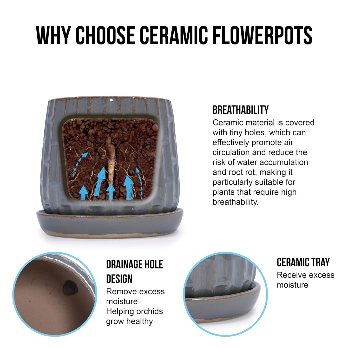 Ceramic Plant Pots, Set of 2 Flower Pots with Drainage Hole and Saucers, Bamboo Pattern Planter for Plants Orchids Succulents Indoor/Outdoor, Plant Gifts Generic