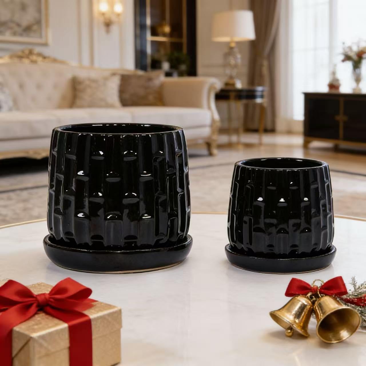 mudanjie 2pcs Bamboo Pattern Ceramic Pots with Drainage & Saucer
