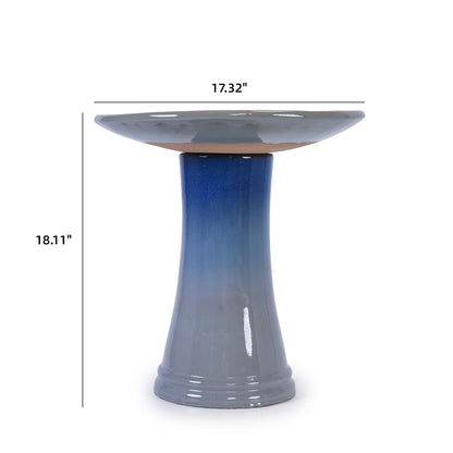 17'' Ceramic Bird Bath for Outside, Elegant Tall Outdoor Bird Bath, Lightweight Pedestal Glazed Birdbaths for Outdoors with floral Pattern, Blue + Grey Generic