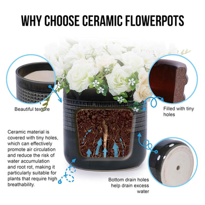Mudanjie 3pcs 6/7/9'' Grid Glazed Ceramic Plant Pots with Drainage