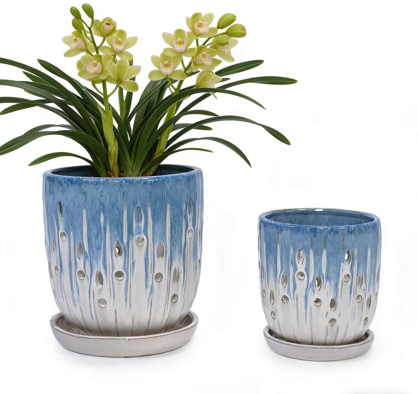 Mudanjie Set of 2 Ceramic Orchid Pots with Drainage Holes & Saucers