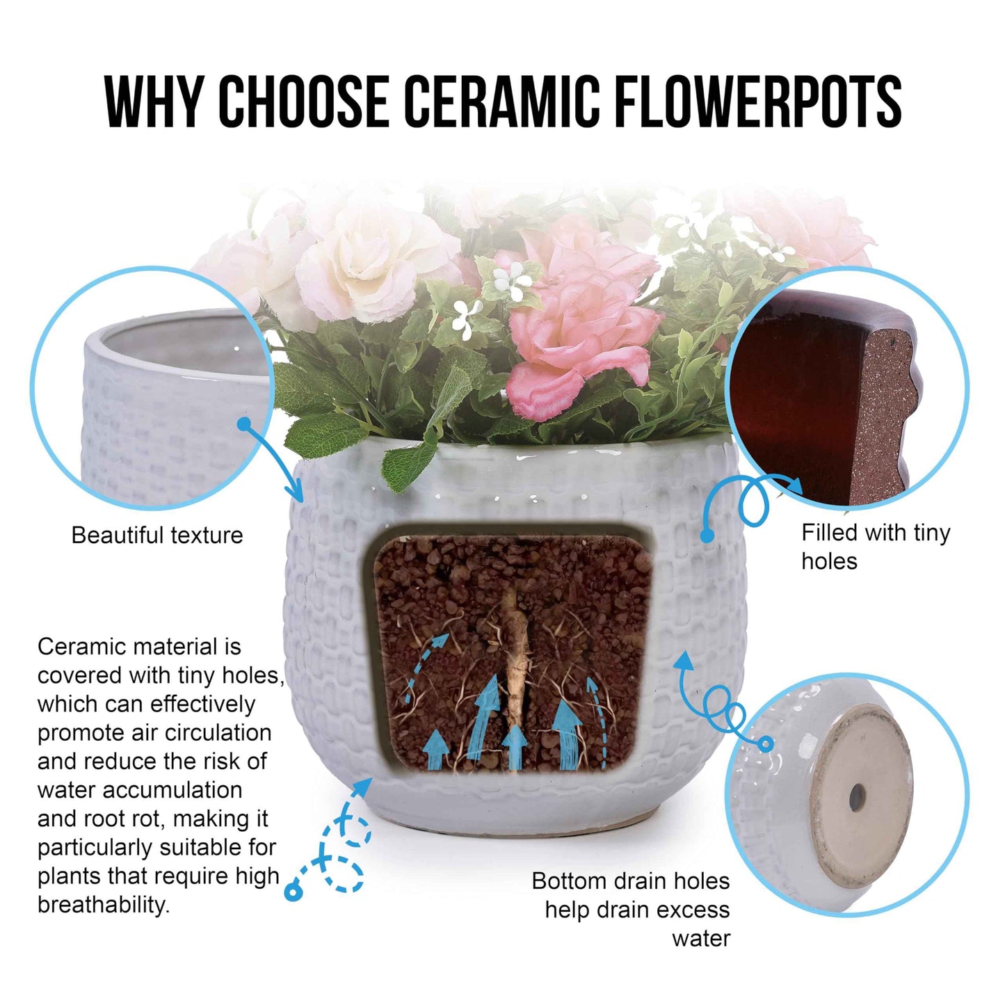 Mudanjie 3pcs 5+7+9'' Modern Ceramic Plant Pots with Drainage