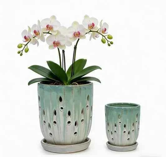 Mudanjie Set of 2 Ceramic Orchid Pots with Drainage Holes & Saucers
