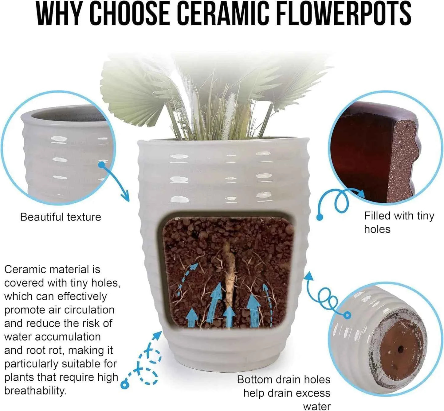 Mudanjie 17'' White Ripple Ceramic Planter with Drainage for Large Plants