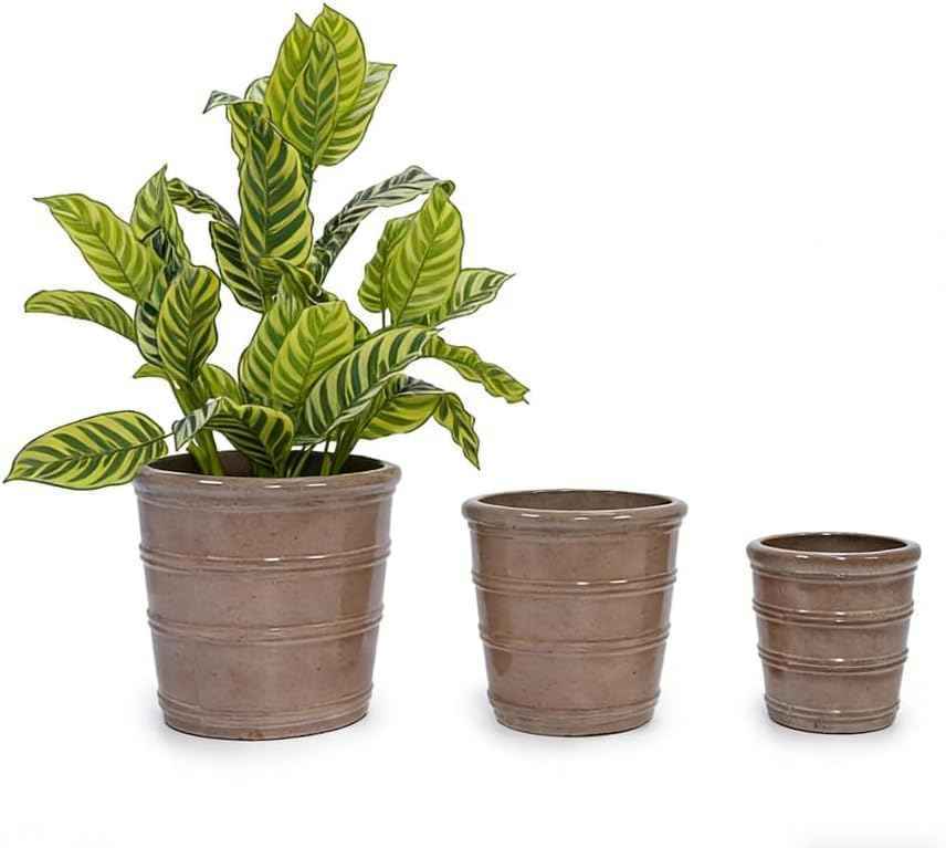Mudanjie 3pcs 16/13/10'' Dark Brown Ribbed Ceramic Planter for Indoor Outdoor Decor