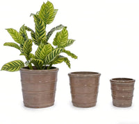 mudanjie 3pcs 16/13/10'' Dark Brown Ribbed Ceramic Planter for Indoor Outdoor Decor