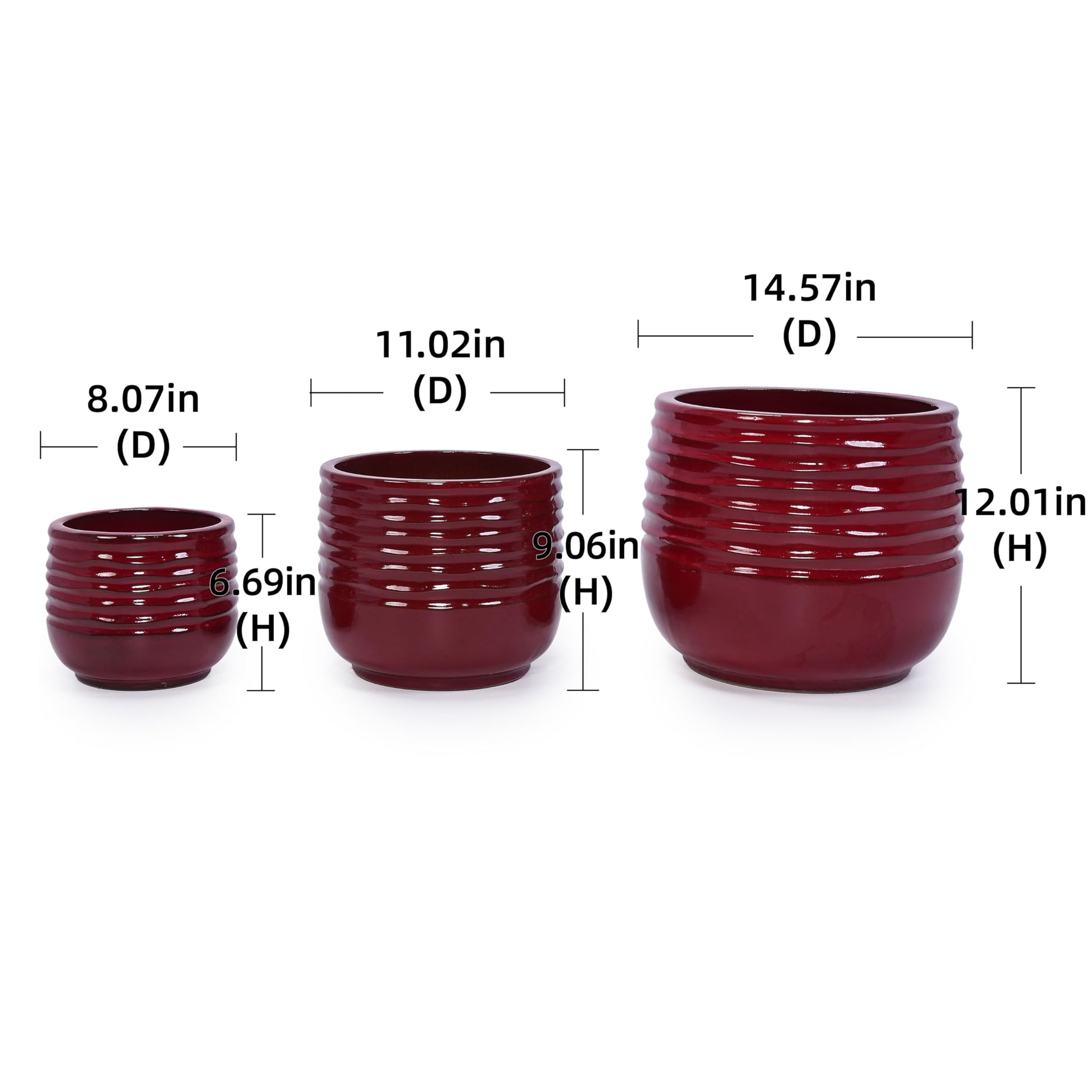 Ceramic Plant Pots Set of 3, Ribbed Pattern Flower Pots with Drainage Hole, 8/11/14.57 Inch Indoor/Oudoor Planters for Orchid, Pothos, Succulent, Decorative Plant Gifts - Red Generic