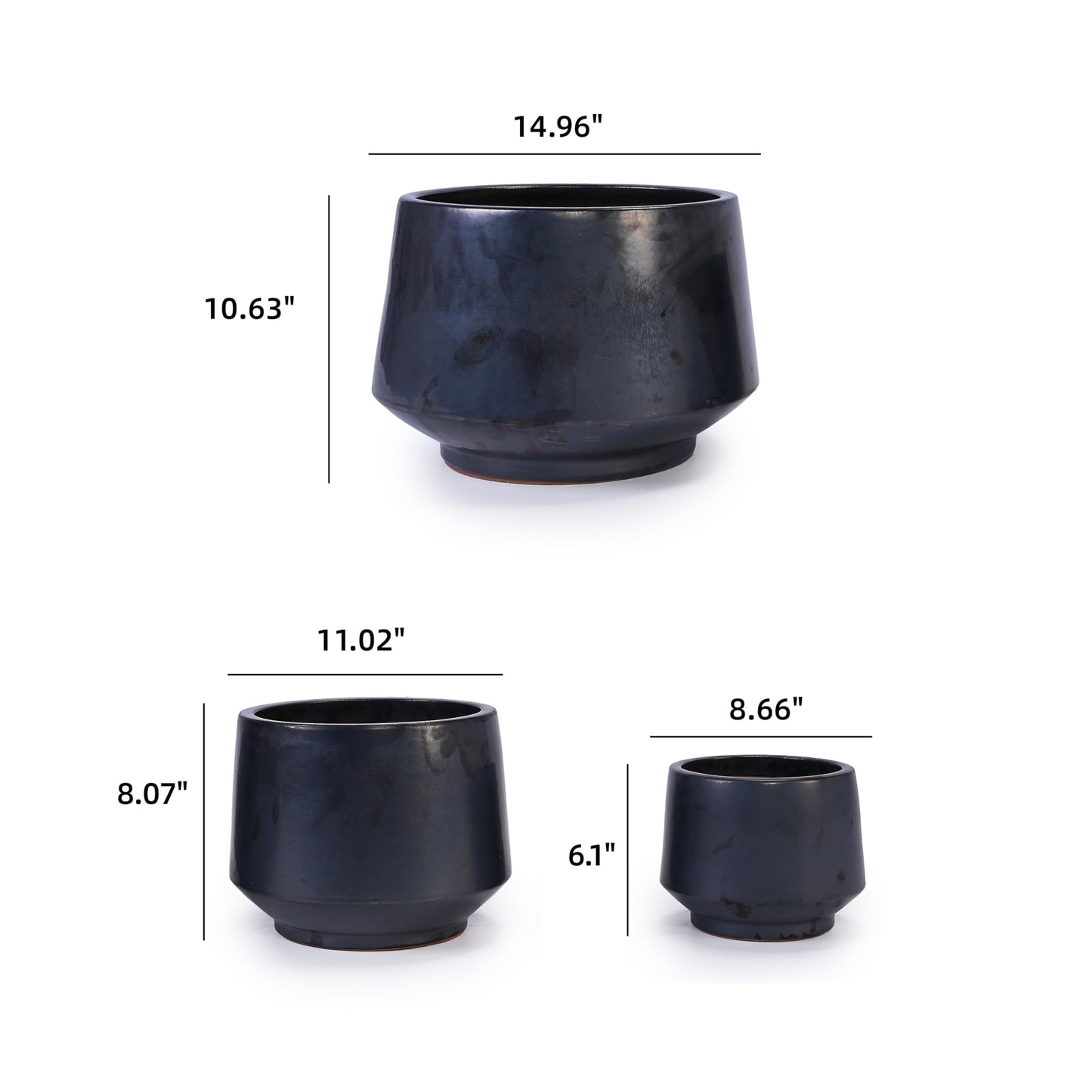 3-Piece Black Matte Ceramic Flowerpot Set, 15/11/9 inches, Breathable Clay, Suitable for Orchids, Succulent Cacti, Indoor and Outdoor Decorative windowsills or Bookshelves Generic