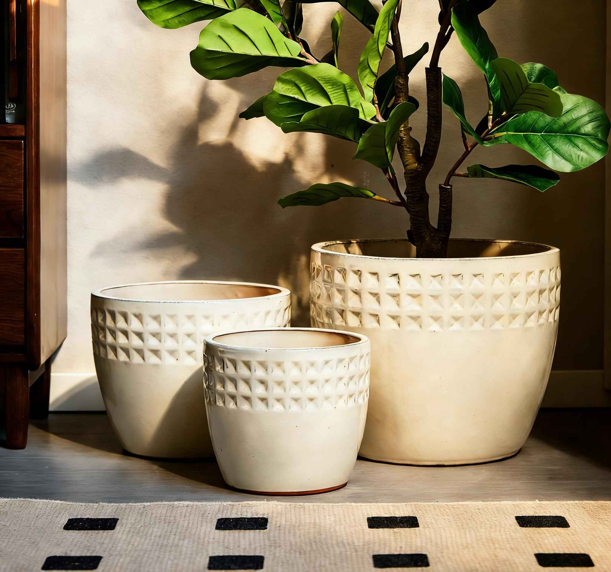 Mudanjie 3pcs 9/12/15'' Diamond Pattern Ceramic Planter Set