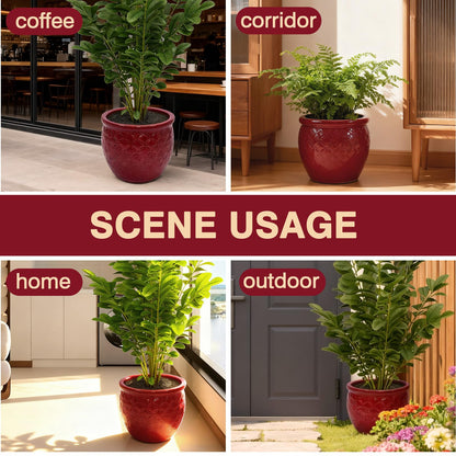 Set of 3 Ceramic Pots for Plants, 9/12/15 Inch, Quatrefoil Pattern Planters with Drainage Hole, Indoor and Outdoor Flower Pots for Pothos, Ivy, Succulent, Decorative Plant Gifts - Red Generic