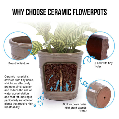 Mudanjie 3pcs 16/13/10'' Dark Brown Ribbed Ceramic Planter for Indoor Outdoor Decor