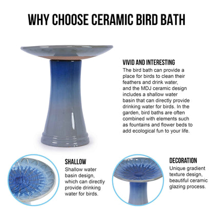 Mudanjie 17'' Ceramic Bird Bath for Outside, Tall Lightweight Pedestal Birdbath Floral Pattern