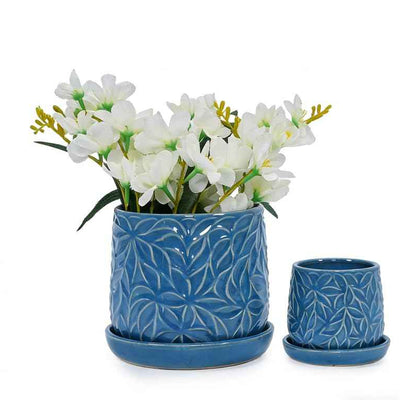Mudanjie 2pcs 5.91+8.06'' Flower Pattern Ceramic Pots with Drainage & Saucers
