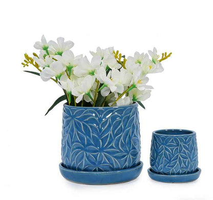 Mudanjie 2pcs 5.91+8.06'' Flower Pattern Ceramic Pots with Drainage & Saucers