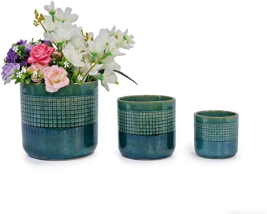 Mudanjie 3pcs 6/7/9'' Grid Glazed Ceramic Plant Pots with Drainage
