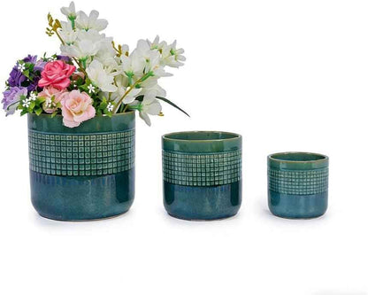 Mudanjie 3pcs 6/7/9'' Grid Glazed Ceramic Plant Pots with Drainage