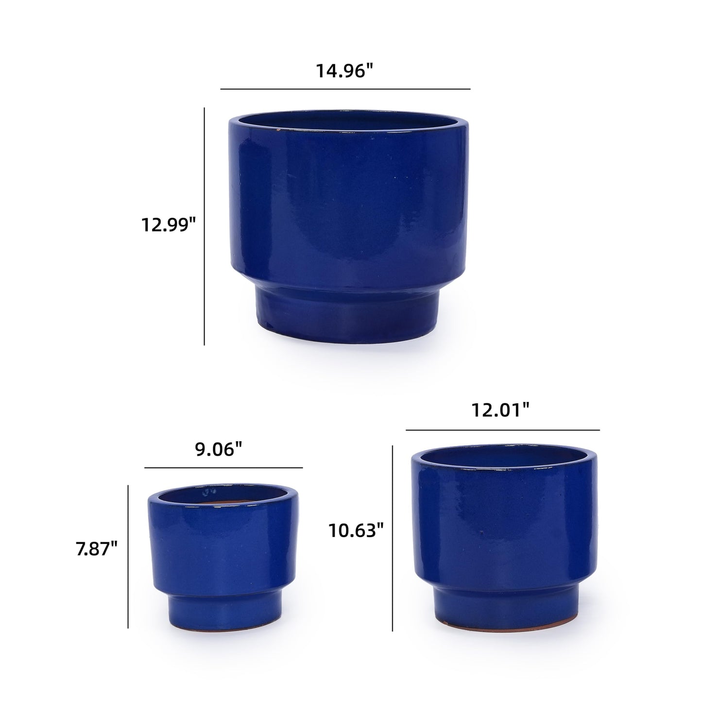 3pcs Blue Ceramic Planter, Solid Glazed Ceramic Flower Pots with Drainage Holes, 9"/12"/15" for Orchids & Succulents, Indoor Outdoor Shelf Patio Decor Generic