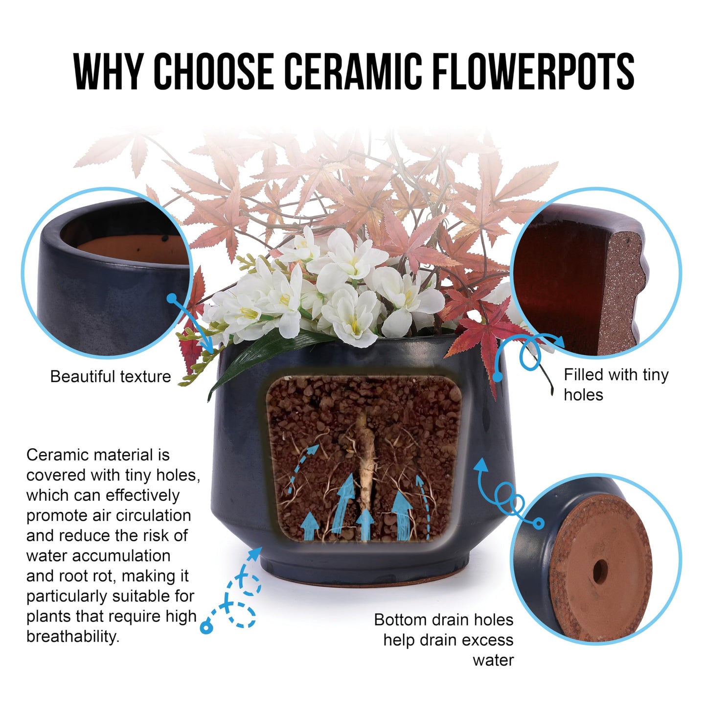3-Piece Black Matte Ceramic Flowerpot Set, 15/11/9 inches, Breathable Clay, Suitable for Orchids, Succulent Cacti, Indoor and Outdoor Decorative windowsills or Bookshelves Generic