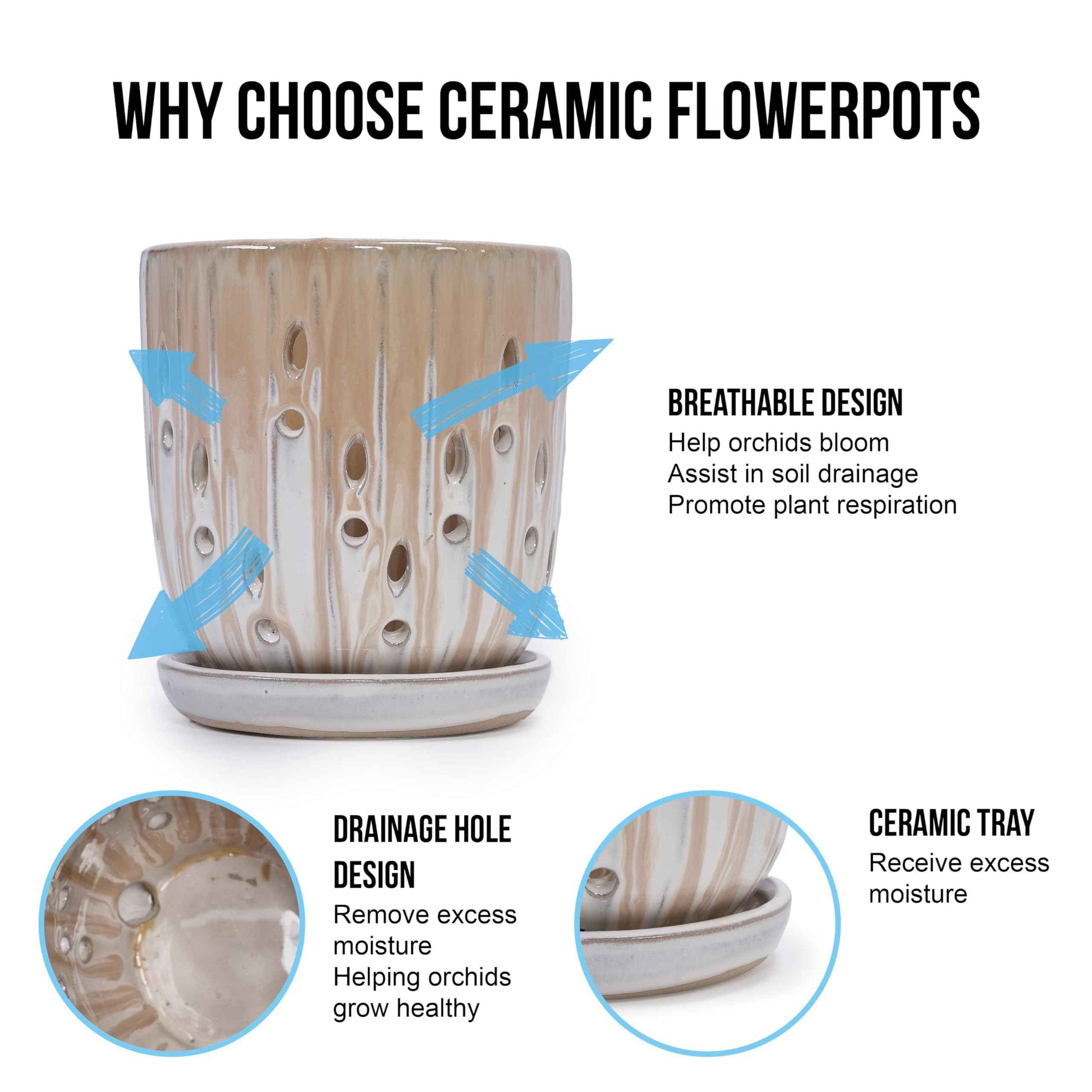 Mudanjie Set of 2 Ceramic Orchid Pots with Drainage Holes & Saucers